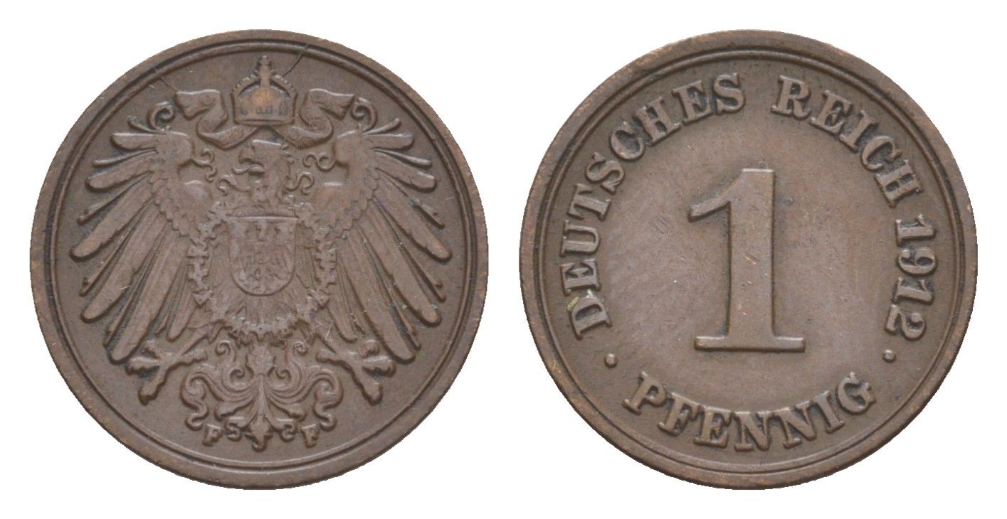 Германия 1 пфенниг 1912 F, Вильгельм II (1888-1918) KM 10, J. 10 медь 4639-1146