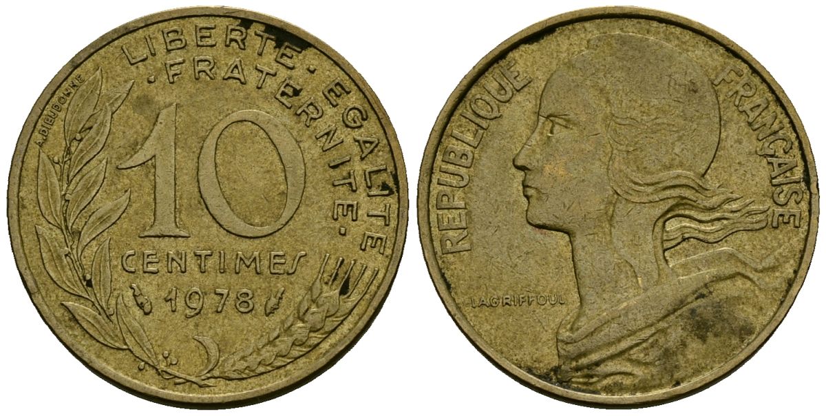 Франция 10 сантимов 1978 тип Marianne KM 929 алюминиевая бронза 4136-418