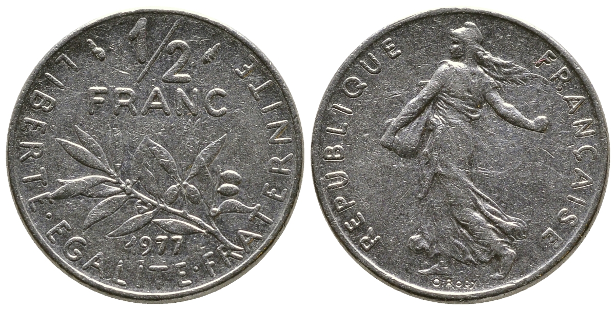 ФРАНЦИЯ 1/2 ФРАНКА 1977 СЕЯТЕЛЬ KM 931.1, LE FRANC 198.16 никель 93-1413