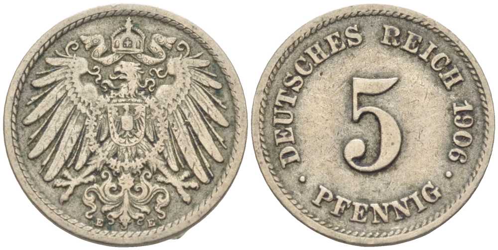 ГЕРМАНИЯ 5 ПФЕННИГОВ 1906 E KM 11, J. 12 медно-никель 105-122