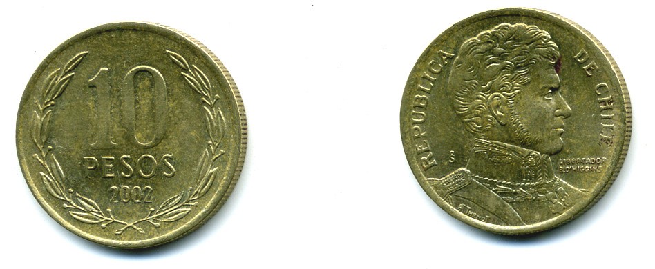 ЧИЛИ 10 ПЕСО 2002 ГЕНЕРАЛ БЕРНАРДО О ХИГГИНС KM 228.2 никель-бронза 37-218