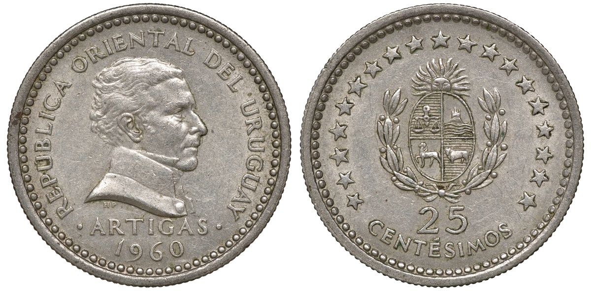 Уругвай 25 сентесимо 1960 KM 40 медно-никель 4169-1024