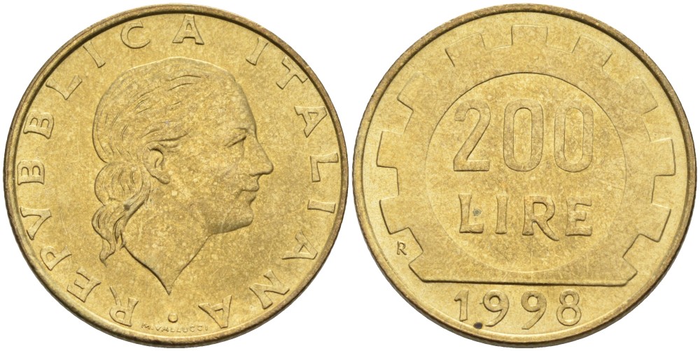 Италия 200 лир 1998 R, шестерня KM 105 алюминиевая бронза 76-414