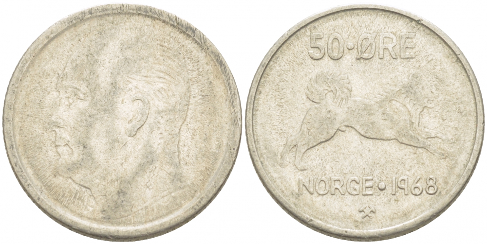 Норвегия 50 эре 1968 Улаф V (1957-1991), собака KM 408 медно-никель 77-432