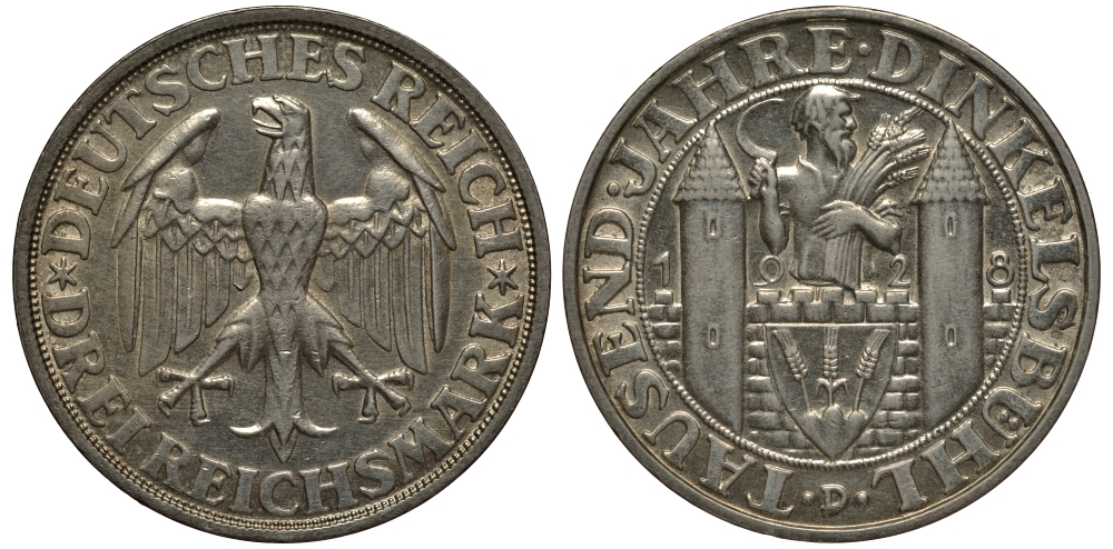 Германия 3 марки 1928 D, 1000 летие основания Динкельсбюля J. 334, KM 59 серебро aUNC 10-005-37