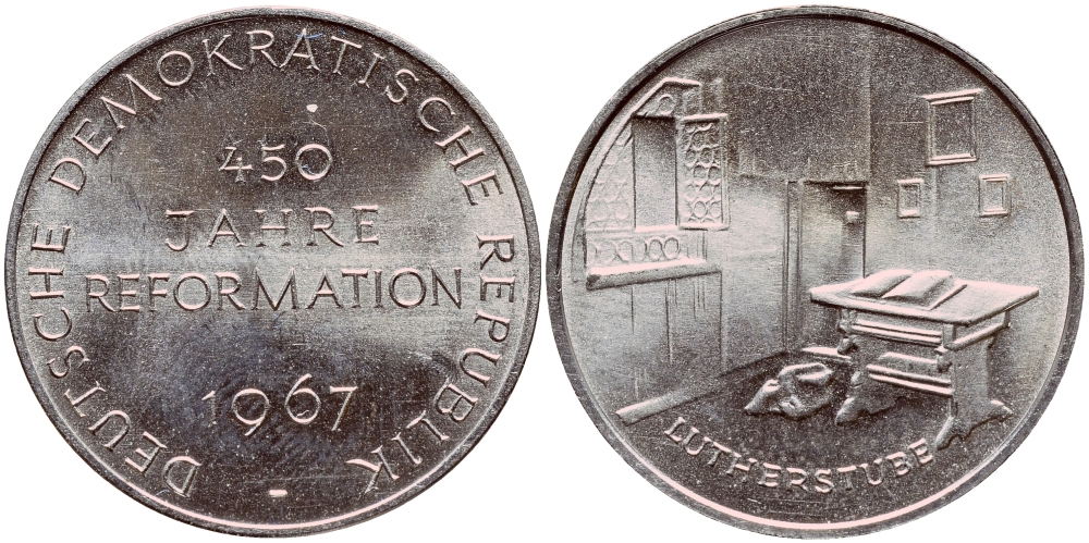 ГДР МЕДАЛЬ 1967 450 ЛЕТ РЕФОРМАЦИИ, КАБИНЕТ В ВАРТБУРГЕ, 26,5 мм, 8,9 гр Slg. Whiting 925, Schnell 400 серебро UNC 3896-112