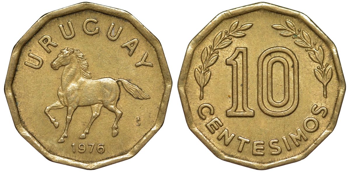 Уругвай 10 сентесимо 1976 KM 66 алюминиевая бронза 4164-743