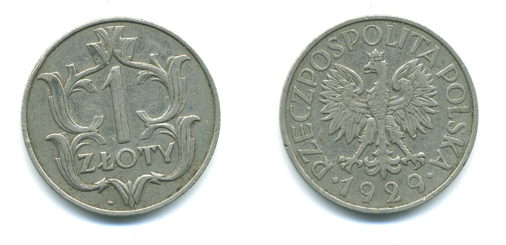 ПОЛЬША 1 ЗЛОТЫЙ 1929 w KM 14 никель 4383-227