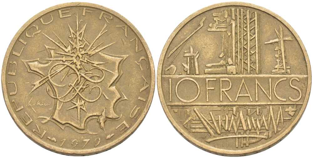 Франция 10 франков 1979 тип Матье KM 940, Le Franc 365.13-14 никель латунь 111-1016