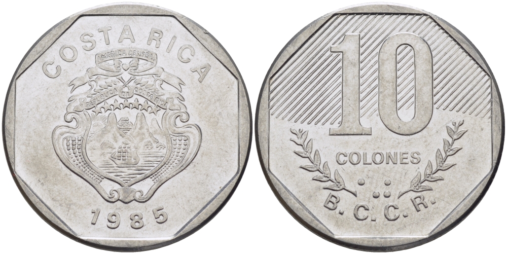 Коста-Рика 10 колонов 1985 B.C.C.R. KM 215.2 нержавеющая сталь 82-116