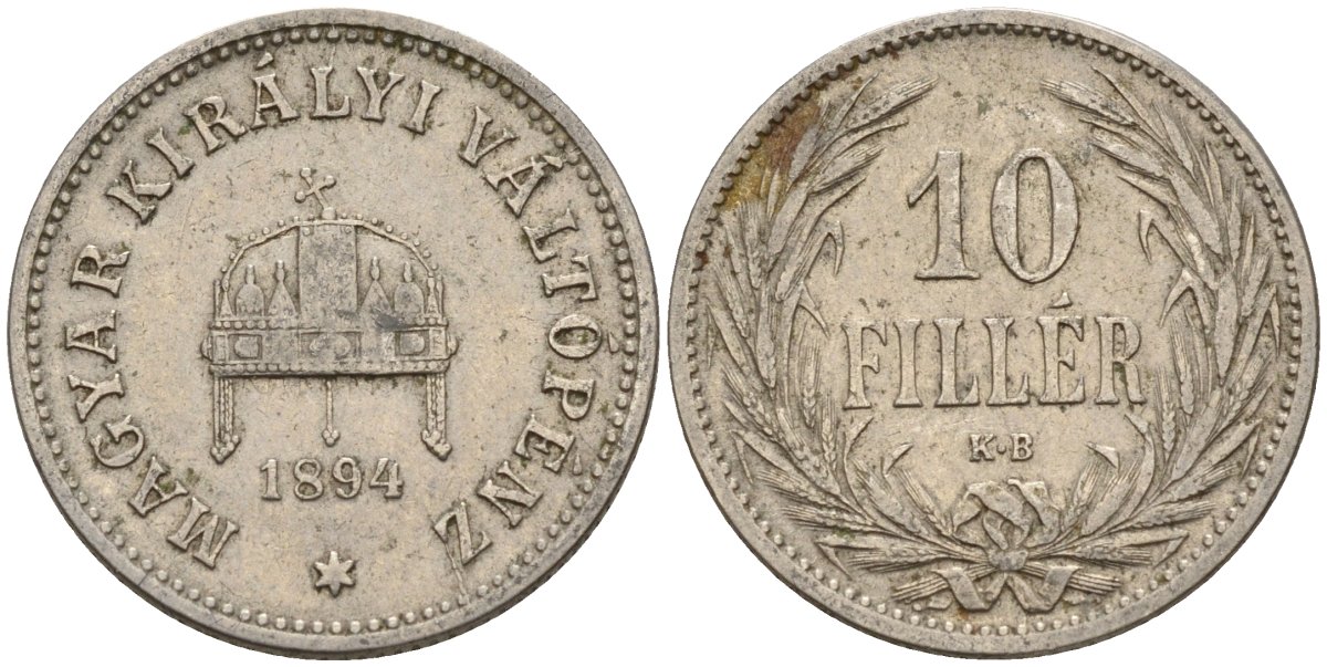 Венгрия 10 филлеров 1894 KB, Франц Иосиф I (1848-1916) KM 482 никель 4151-1053