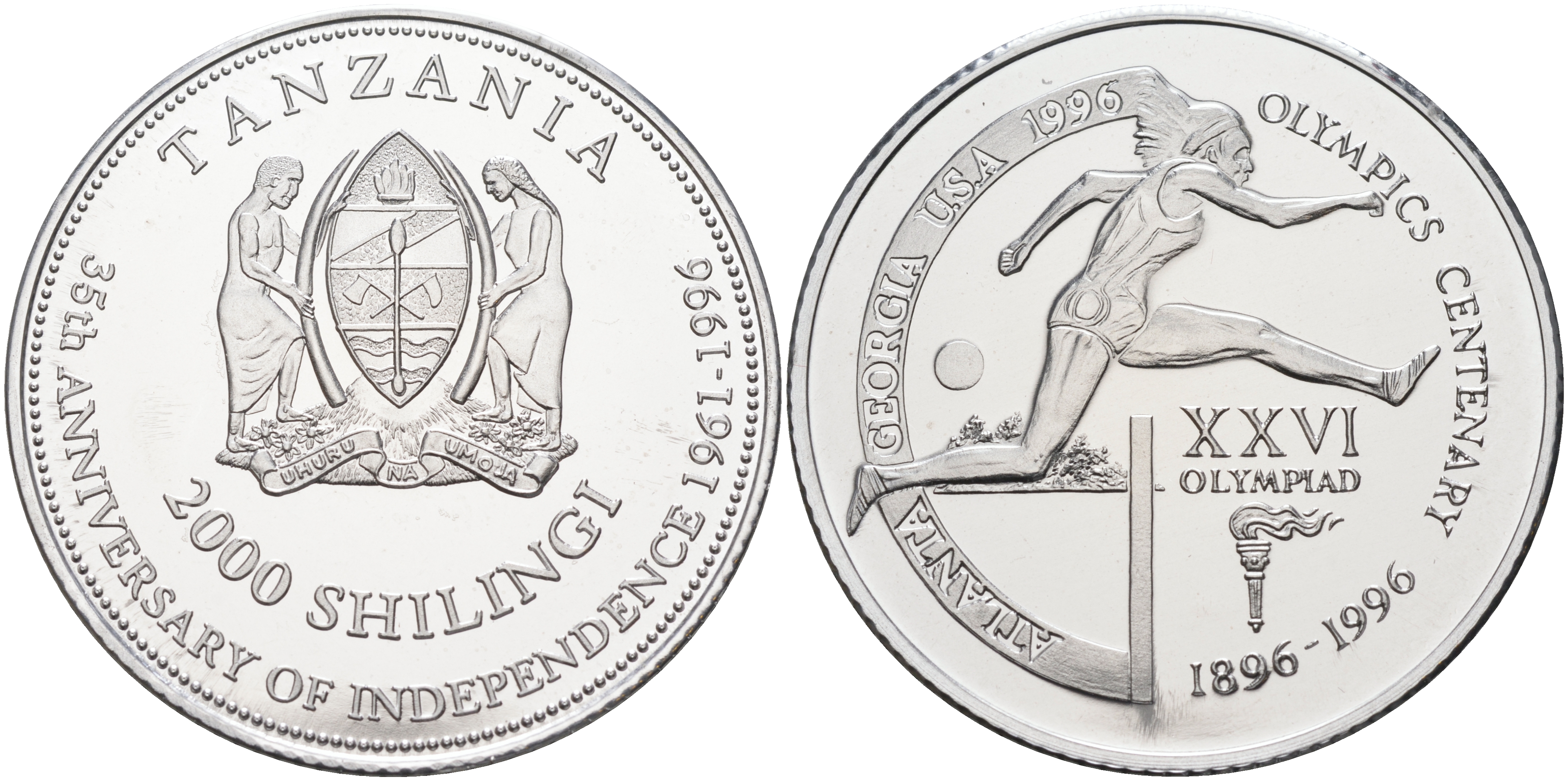 Танзания 2000 шиллингов 1996 XXVI Олимпийские игры 1996 года в Атланте, 100 лет Олимпийскому движению, бег с барьерами, пробник, рубчатый гурт алюминий PROOF 06-159-11