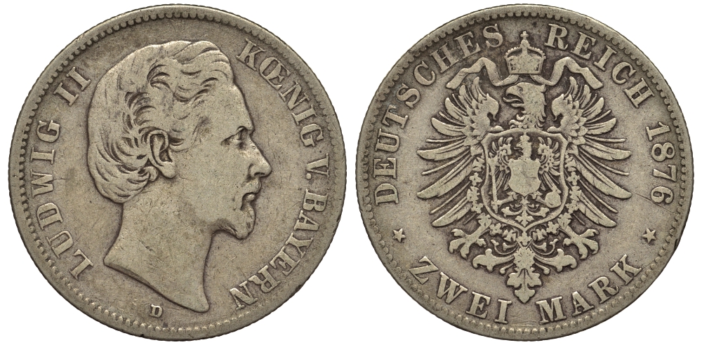 Бавария 2 марки 1876 Людвиг II (1864-1886) Weege 41, J. 41, KM 505 серебро 413-6815