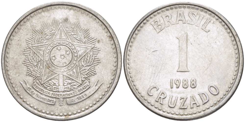 Бразилия 1 крузадо 1988 KM 605 нержавеющая сталь 217-311