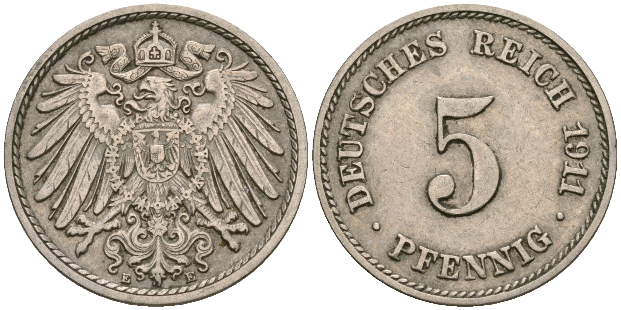 Германия 5 пфеннигов 1911 E KM 11, Jager 12, Weege 6 медно-никель 4608-942