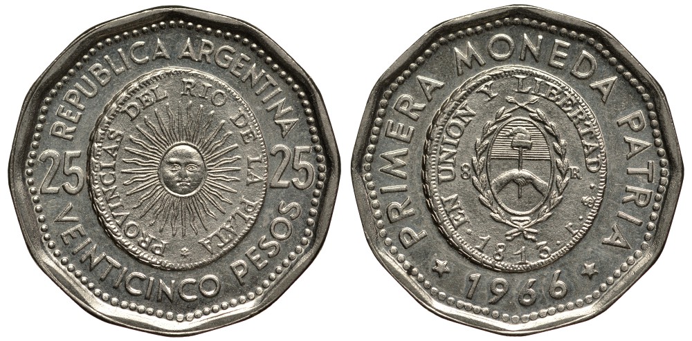 Аргентина 25 песо 1965 первая монета отчеканенная в Аргентине в 1813 году KM 61 сталь плакированная никелем 4185-532
