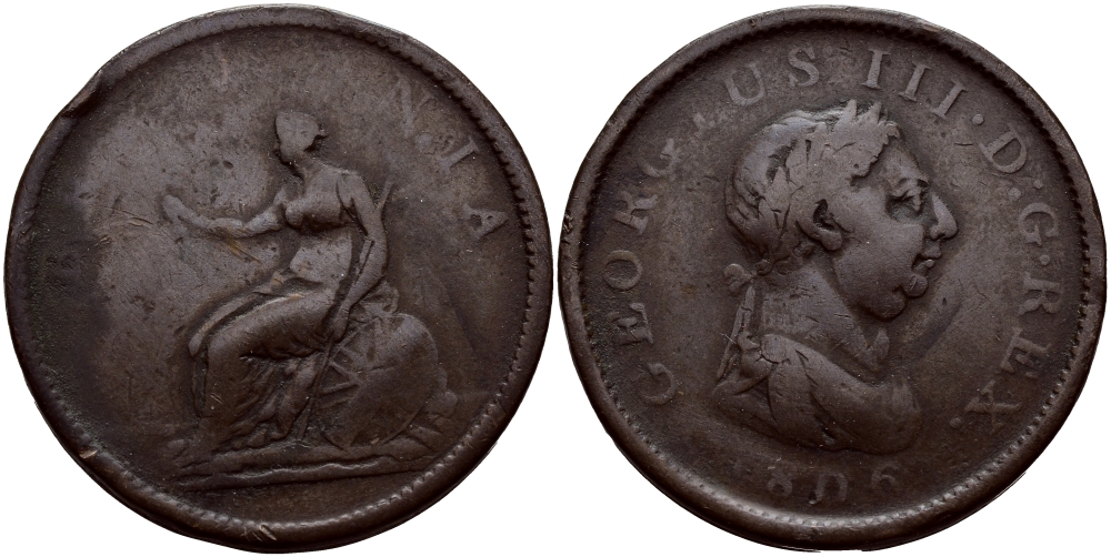 Великобритания 1 пенни 1806 Георг III (1760-1820) Spink 3780, KM 663 медь 4179-413