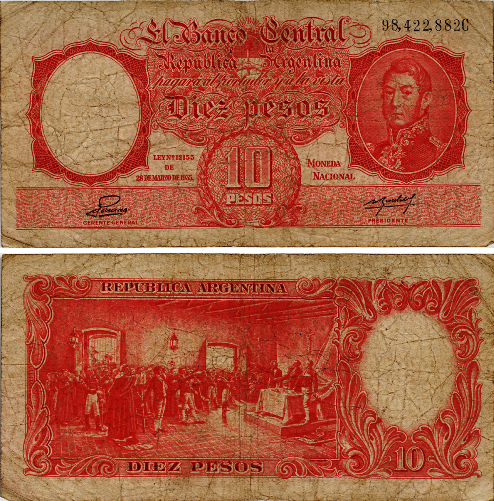 АРГЕНТИНА 10 ПЕСО 1954 СЕРИЯ C 98422, ПОДПИСЬ JULIO M/L/ PALAREA - MIGUEL REVESTIDO Pick 265b бумага 7204-53-3