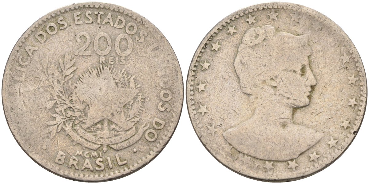 Бразилия 200 рейс 1901 голова свободы вправо KM 504 медно-никель 4589-1036
