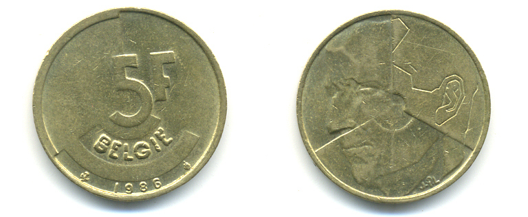 БЕЛЬГИЯ 5 ФРАНКОВ 1986 BELGIE KM 164 латунь или алюминиевая бронза 86-1355