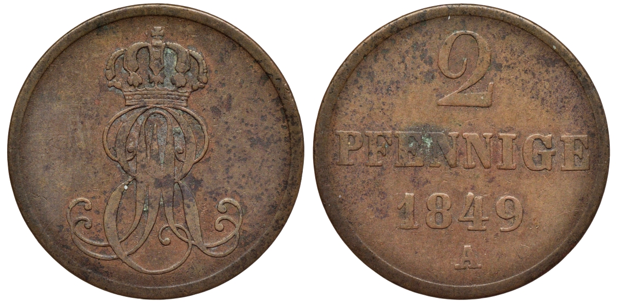 Ганновер 2 пфеннига 1849 A, Эрнст Август (1837-1851) KM 202.2, AKS 125, J. 75 медь 75-1922