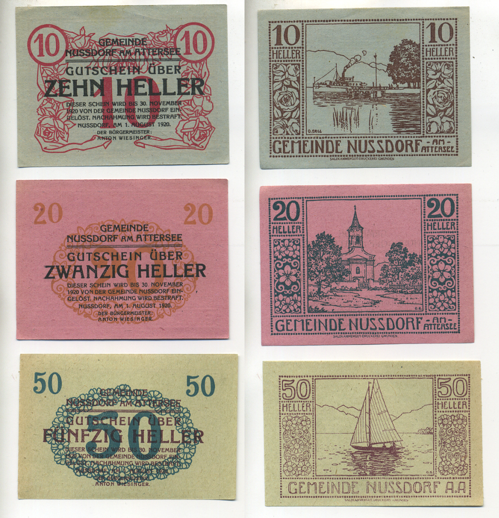 АВСТРИЯ НАБОР ИЗ 3 БАНКНОТ 1920 1 АВГУСТА 1920-30 НОЯБРЯ 1920, НОТГЕЛЬД, 10, 20, 50 ГЕЛЛЕРОВ, NUSSDORF am ATTERSEE бумага XF 6278-22-3
