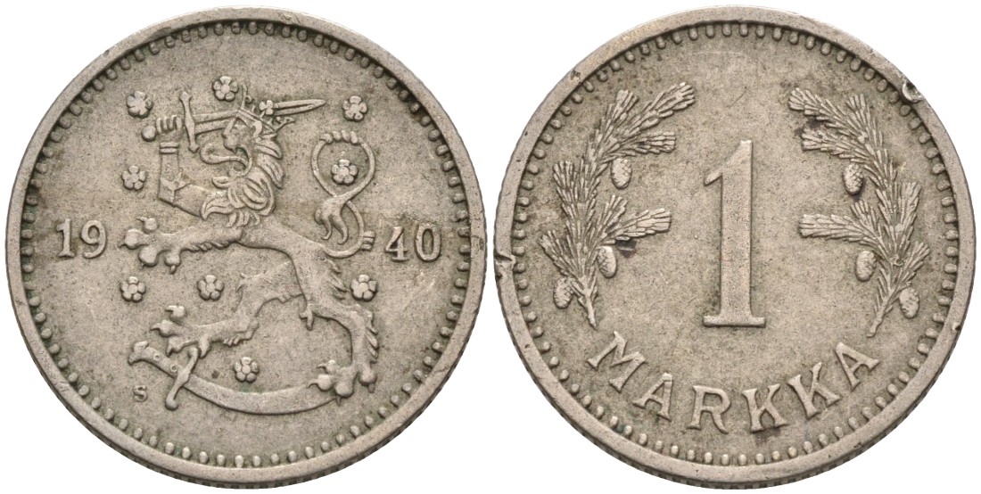 ФИНЛЯНДИЯ 1 МАРКА 1940 S KM 30 медно-никель 4563-643
