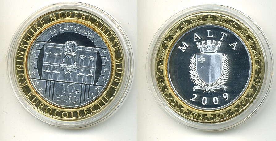 Мальта 10 евро 2009 серия культурное наследие, дворец Кастеллания, евроколлекция Нидерландского монетного двора KM 133 серебро PROOF 05-042-22