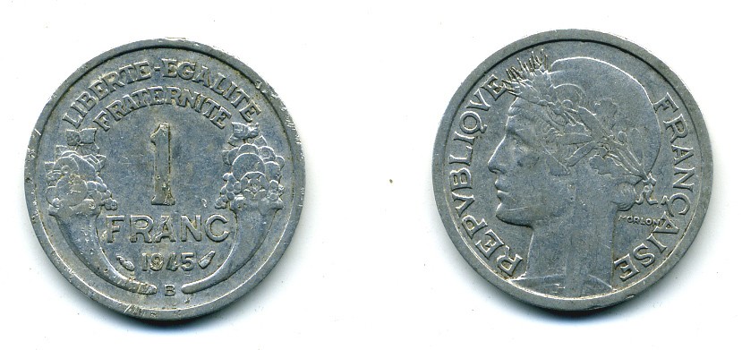 ФРАНЦИЯ 1 ФРАНК 1945 В KM 885а.2 алюминий 84-451