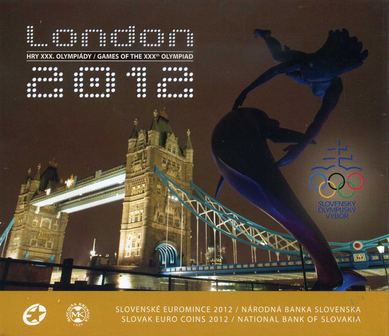 Словакия евронабор из 8 монет плюс жетон 2012 летние олимпийские игры в Лондоне, жетон с цветной эмалью, 1, 2, 5, 10, 20, 50 евроцентов, 1, 2 евро, пластик, запайка, буклет BUNC 3-4-8-19