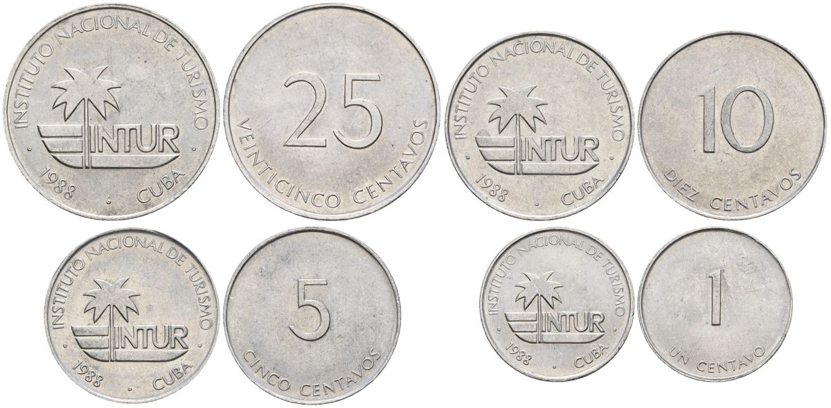 Куба набор из 4 монет (1, 5, 10 и 25 сентаво) 1988 INTUR KM 410, JMA MC2, KM 413, JMA MC6, KM 416, JMA MC11, KM 419, JMA MC15 алюминий 00-00