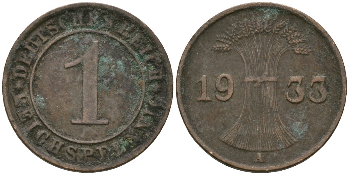 Германия 1 рейхспфенниг 1933 A KM 37, J. 313 бронза 4189-1157