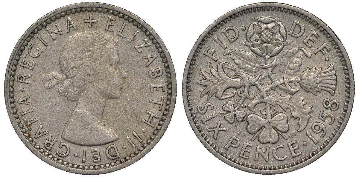 Великобритания 6 пенсов 1958 Елизавета II (1952-2022) KM 903, Spink 4149 медно-никель 4128-831