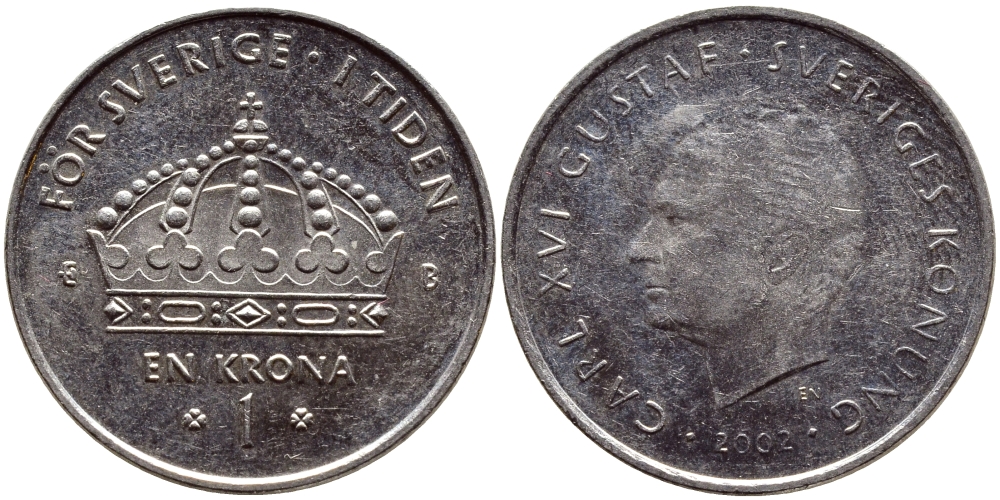 Швеция 1 крона 2002 Карл XVI Густав (1973- ) KM 894 медно-никель 4364-1145