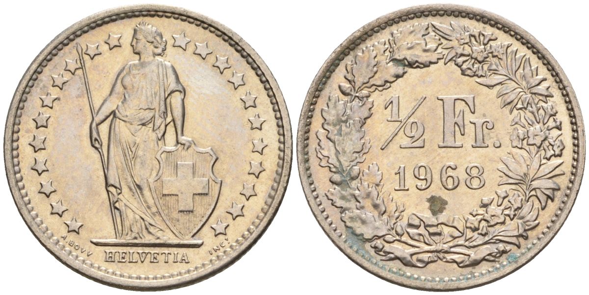 Швейцария 1/2 франка 1968 KM 23a медно-никель 4608-526