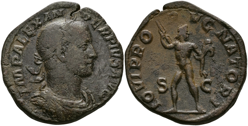 Римская Империя сестерций 222 - 235 Александр Север IOVI PROPVGNATORI Юпитер, Рим Good Very fine 20,51 гр RIC 628 бронза 1073-8-24