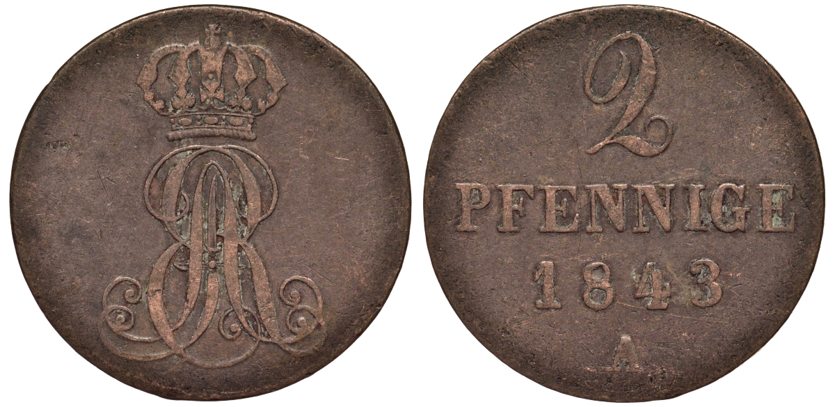 Ганновер 2 пфеннига 1843 A, Эрнст Август (1837-1851) KM 174.1, AKS 122, J. 55 медь 75-1751