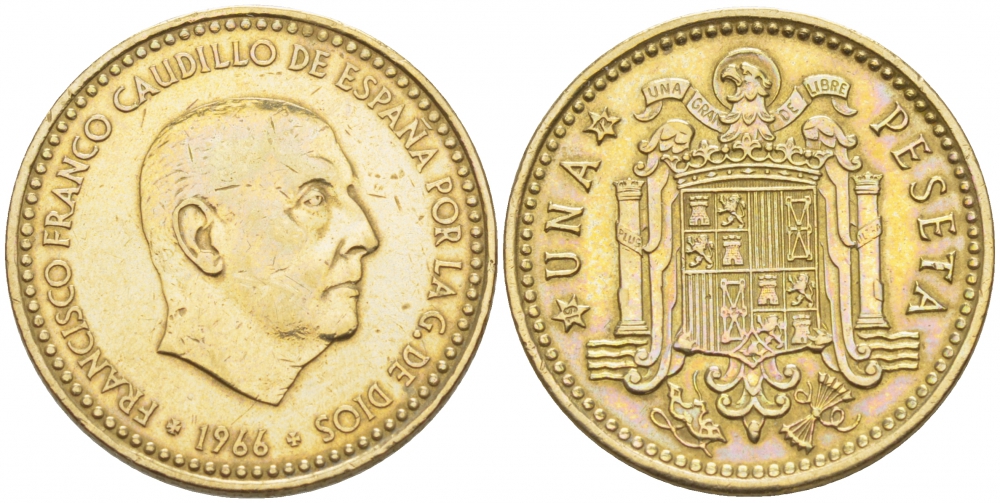 ИСПАНИЯ 1 ПЕСЕТА 1966 (72) ФРАНСИСКО ФРАНКО ДИКТАТОР ИСПАНИИ (1939-1975) КМ 796 алюминиевая бронза 87-1454