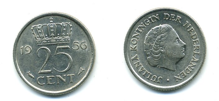 НИДЕРЛАНДЫ 25 ЦЕНТОВ 1956 ЮЛИАНА KM 183 никель 54-1142