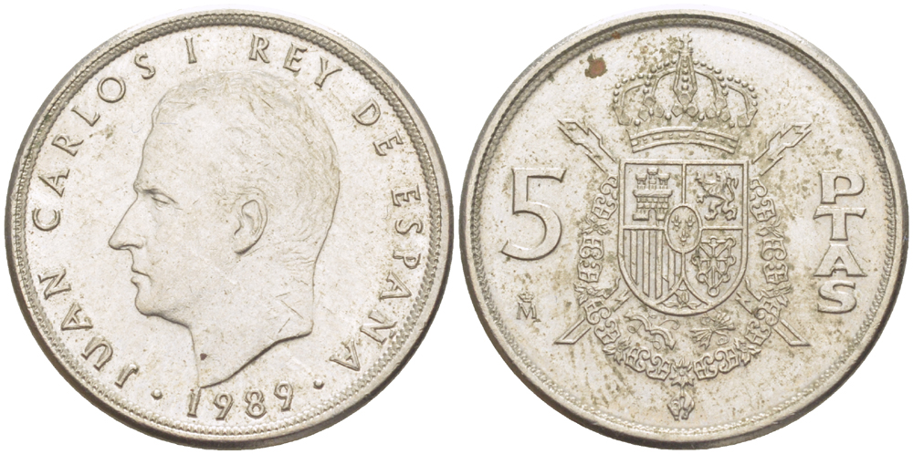 ИСПАНИЯ 5 ПЕСЕТ 1989 ХУАН КАРЛОС I ( 1975-) KM 823 медно-никель 216-654