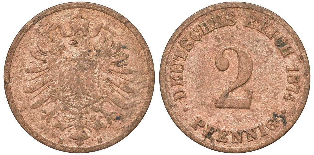Германия 2 пфеннига 1874 B, старогербовка KM 2, J. 2 медь 4174-453