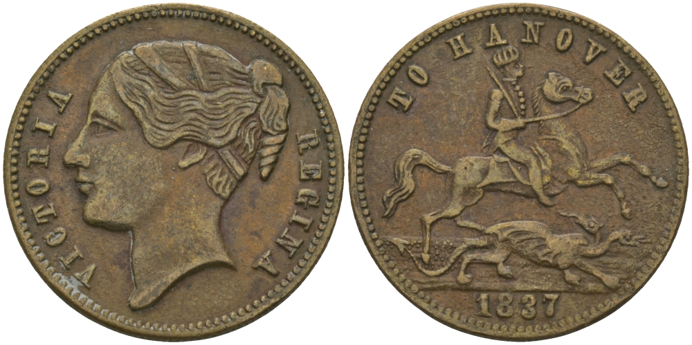 АНГЛИЯ ЖЕТОН, ТОКЕН 1837 КОРОЛЕВА ВИКТОРИЯ, ГАННОВЕР, ДИАМЕТР 21,5 ММ. бронза 98-832