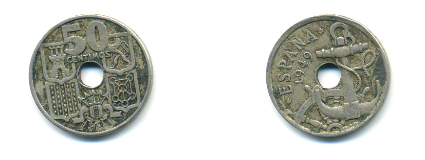 Испания 50 сентимо 1949 (56) Франко (1939-1975), морская атрибутика KM 777 медно-никель 89-653