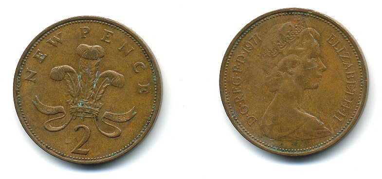 Великобритания 2 пенса 1971 Елизавета II (1952-2022) КМ 916, Spink 4235 (C1) бронза 4110-625