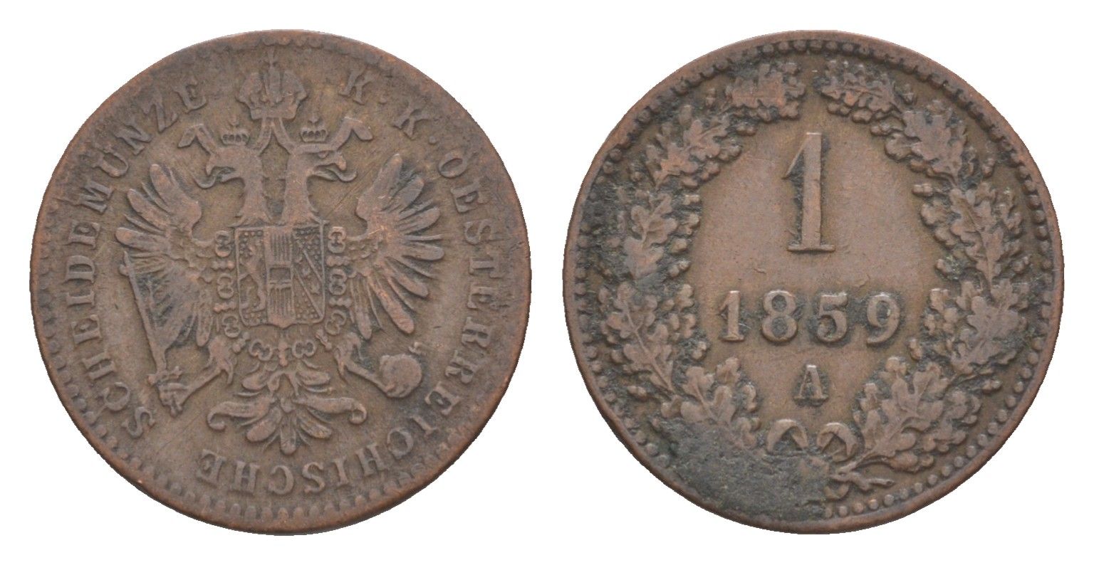 Австрия 1 крейцер 1859 A, Франц Иосиф I (1848-1916) KM 2186 медь 4639-164