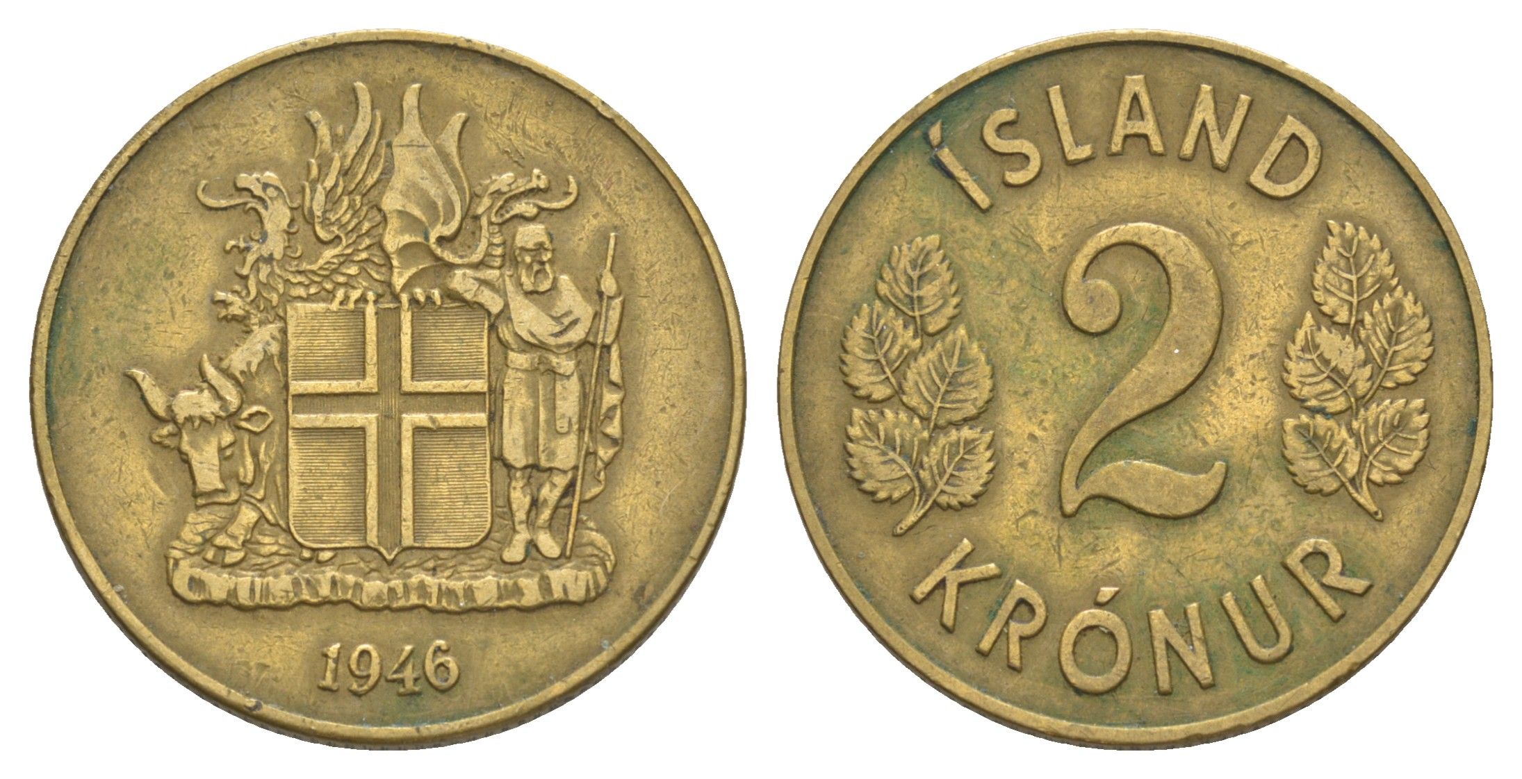 Исландия 2 кроны 1946 KM 13 алюминиевая бронза 4635-116