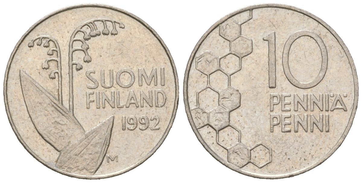Финляндия 10 пенни 1992 KM 65 медно-никель 4618-223