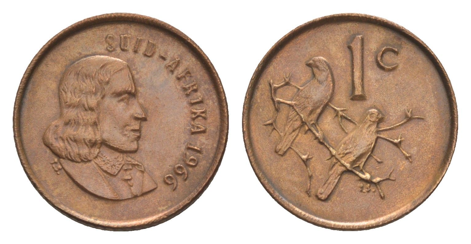 ЮАР 1 цент 1966 Ян ван Рибек (1619-1677), Suid Africa, легенда на африкаанс, капские воробьи KM 65.2 бронза 4596-236