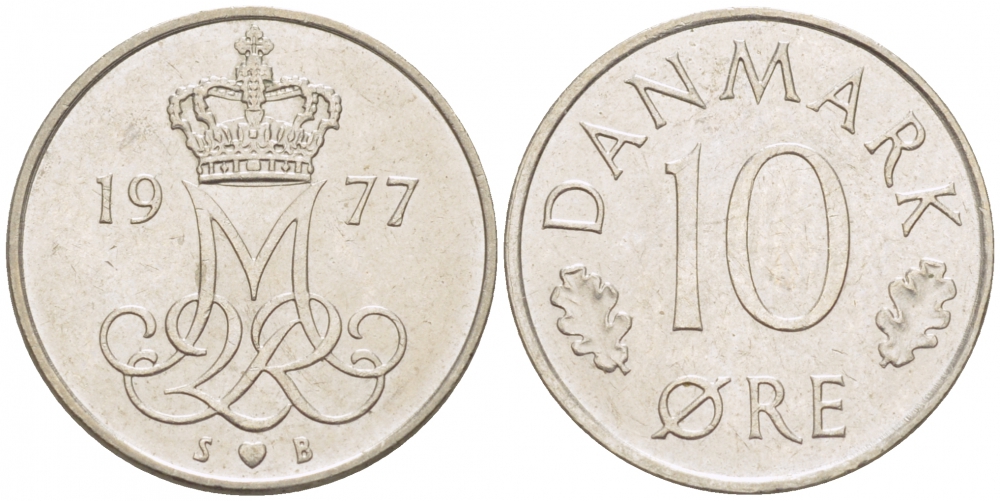 ДАНИЯ 10 ЭРЕ 1977 S; B, МАРГРЕТЕ II (1972-) KM 860.1 медно-никель 3309-164