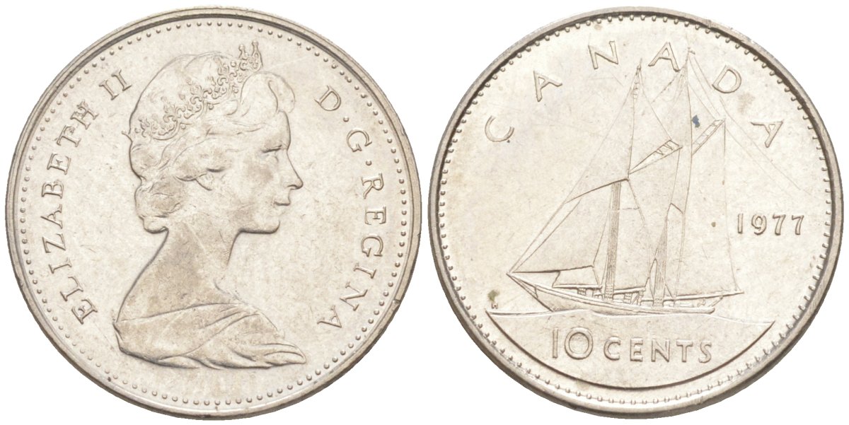 Канада 10 центов 1977 Елизавета II (1952-2022), парусник KM 77.1 никель 187-419